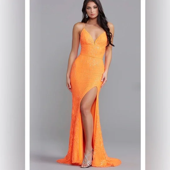 Prom Neon Orange Lace Mermaid Gown | Lace-Up Back - Size 2 - Picture 3 of 6